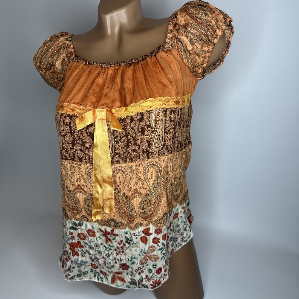 Vintage Boho Patchwork Size Small Top Puff Sleeve Floral Paisley Y2K Milkmaid - Picture 12 of 12